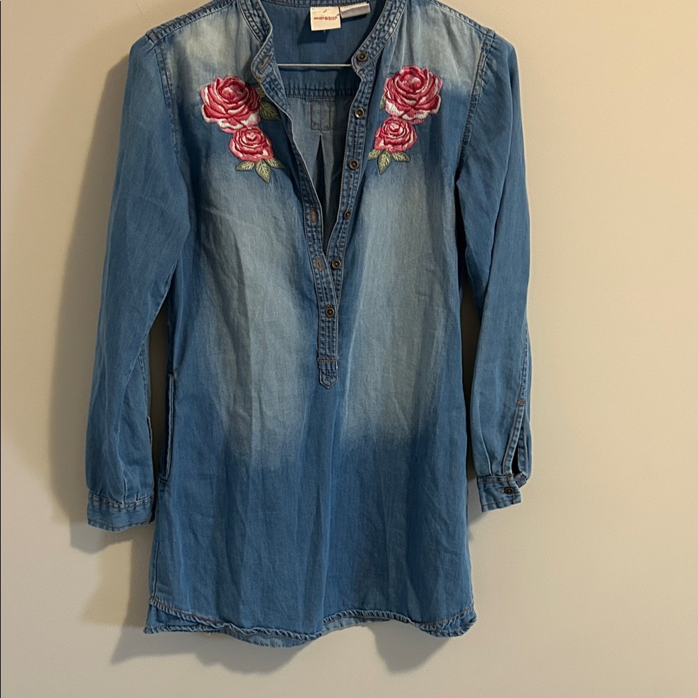Blue Denim Top with Pink Floral Embroidery